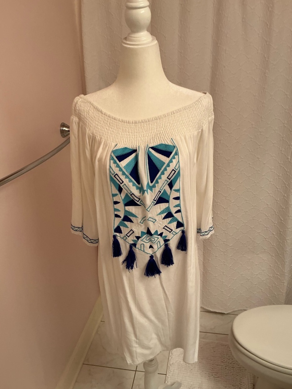 White Off-Shoulder Tunic Dress with Blue Geometric Embroidery